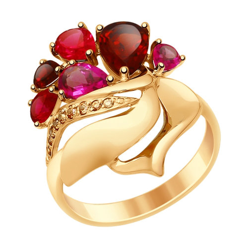 Золотое кольцо с родолитами, фианитами, гранатами и корундами рубинами
