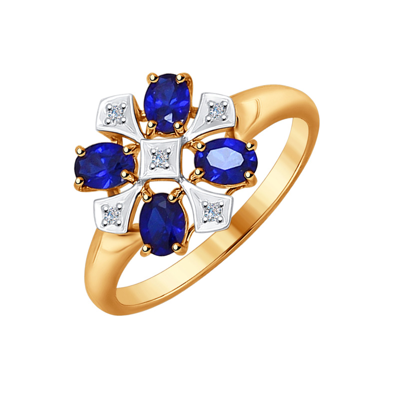 Золотое кольцо Sokolov из красного золота 585 пробы со вставками из драгоценных камней (бриллиант и сапфир) ДИ2011052, размеры от 18.5 до 18.5