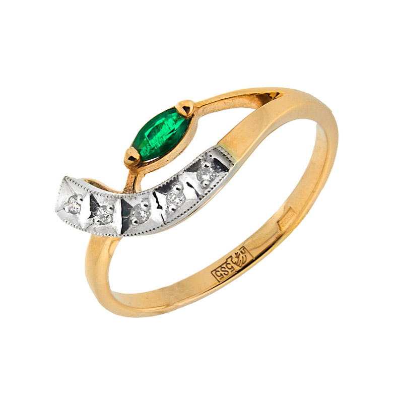 Золотое кольцо Золотое сияние из красного золота 585 пробы со вставками из драгоценных камней (бриллиант и изумруд) ЗСК14000142, размеры от 16 до 18.5