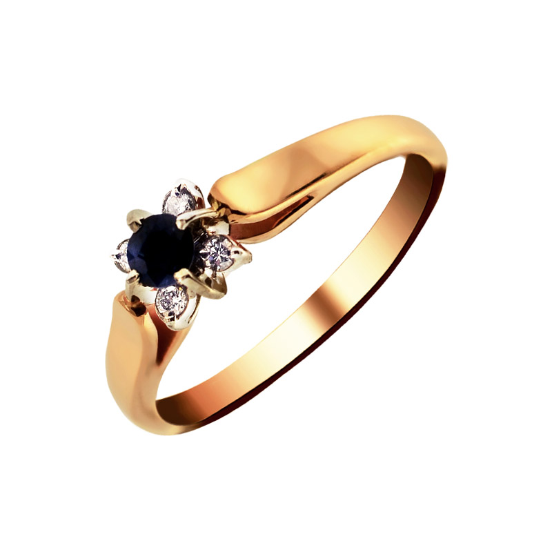 Золотое кольцо Золотое сияние из красного золота 585 пробы со вставками из драгоценных камней (бриллиант и сапфир) ЗСК14000290, размеры от 15 до 18.5