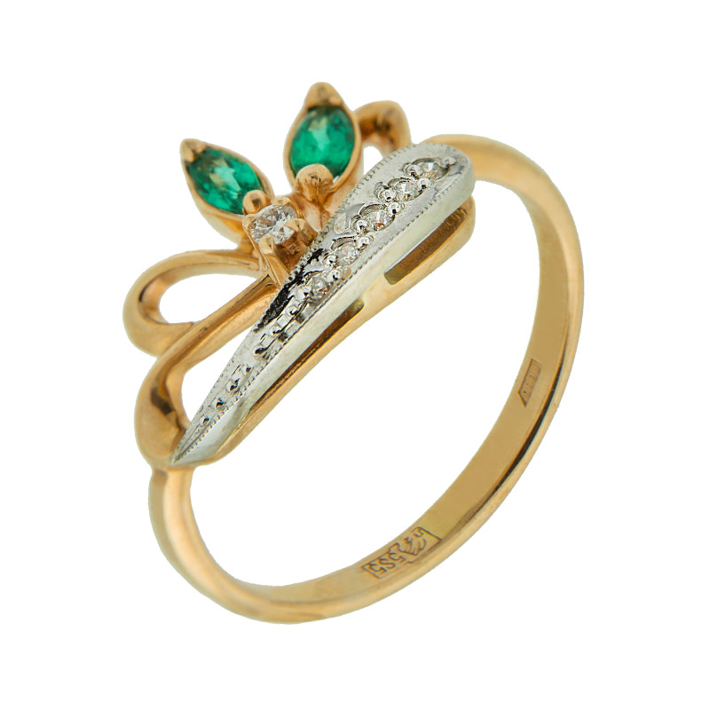 Золотое кольцо Золотое сияние из красного золота 585 пробы со вставками из драгоценных камней (бриллиант и изумруд) ЗСК14001039, размеры от 16.5 до 17.5
