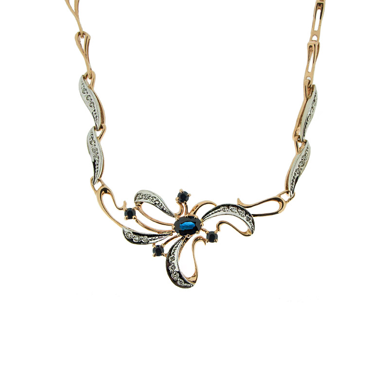 Золотое колье Золотое сияние из красного золота 585 пробы со вставками из драгоценных камней (бриллиант и сапфир) ЗСЦ14050263, размеры от 44 до 50