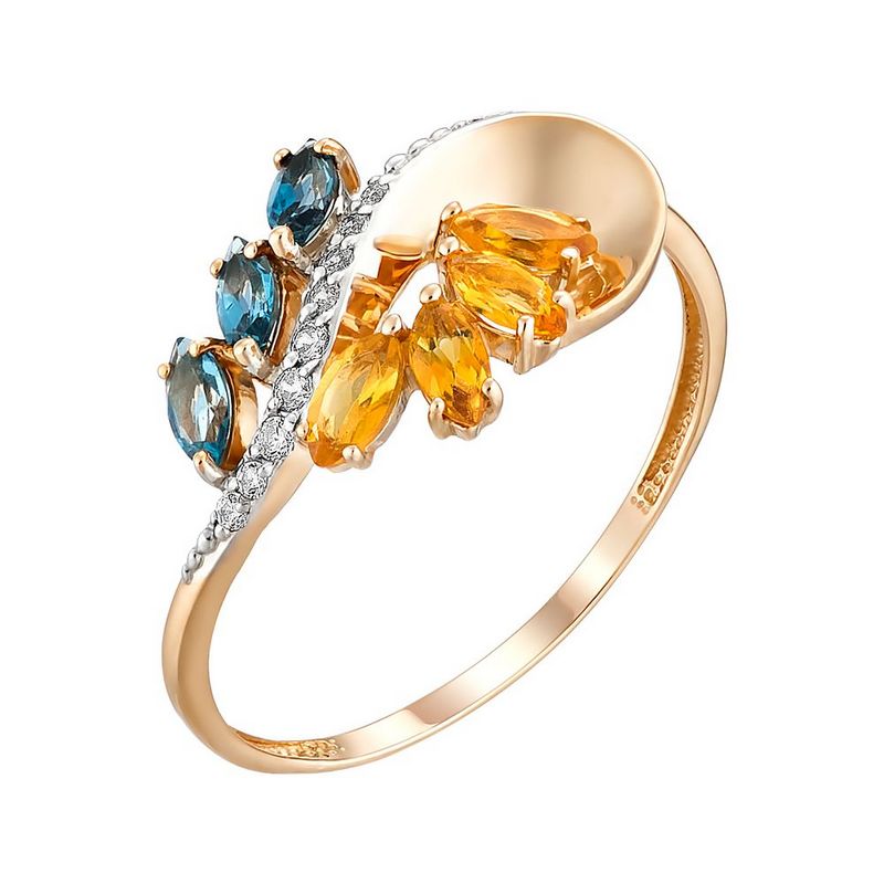 Золотое кольцо с топазами, цитринами и фианитами